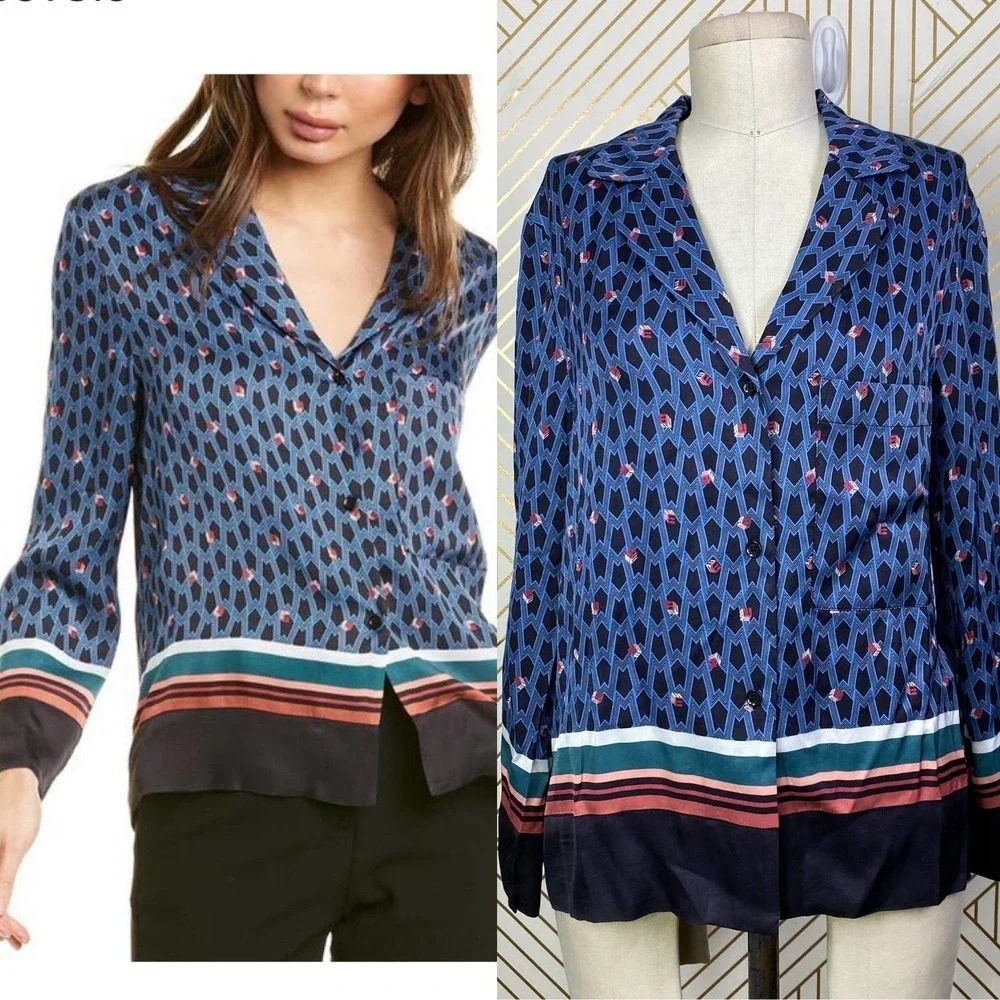 MAJE Cristen Blouse Top‎ Blue Printed Geometric
